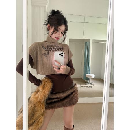 BY11521# 辣妹字母印花蝙蝠袖背心+圆领拼色长袖打底衫套装两件套  服裝批發女裝批發服飾貨源