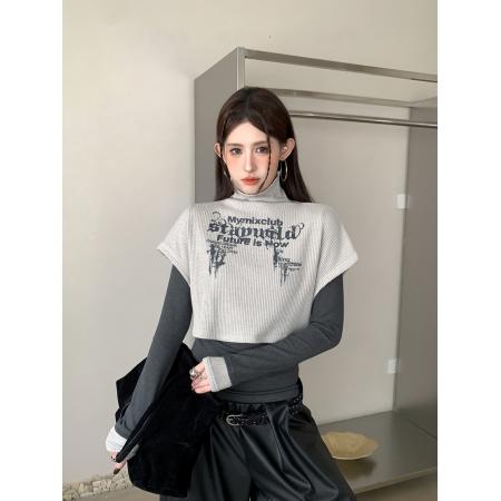 BY11521# 辣妹字母印花蝙蝠袖背心+圆领拼色长袖打底衫套装两件套  服裝批發女裝批發服飾貨源