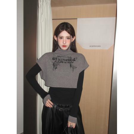 BY11521# 辣妹字母印花蝙蝠袖背心+圆领拼色长袖打底衫套装两件套  服裝批發女裝批發服飾貨源