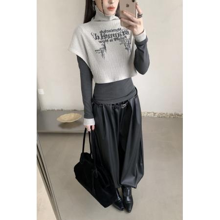 BY11521# 辣妹字母印花蝙蝠袖背心+圆领拼色长袖打底衫套装两件套  服裝批發女裝批發服飾貨源