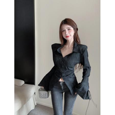 BY11524# 收腰衬衫女装春季新款设计感衬衣短款长袖法式掐腰上衣女  服裝批發女裝批發服飾貨源