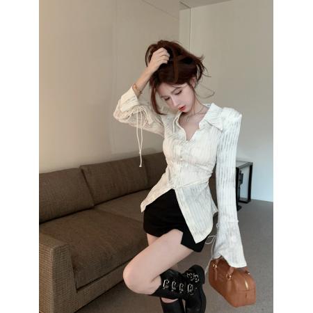 BY11524# 收腰衬衫女装春季新款设计感衬衣短款长袖法式掐腰上衣女  服裝批發女裝批發服飾貨源