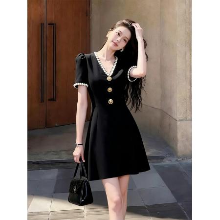 BY11527# 夏季重要场合漂亮气质千金轻奢小众不撞款高级感赫本风黑色连衣裙  服裝批發女裝批發服飾貨源