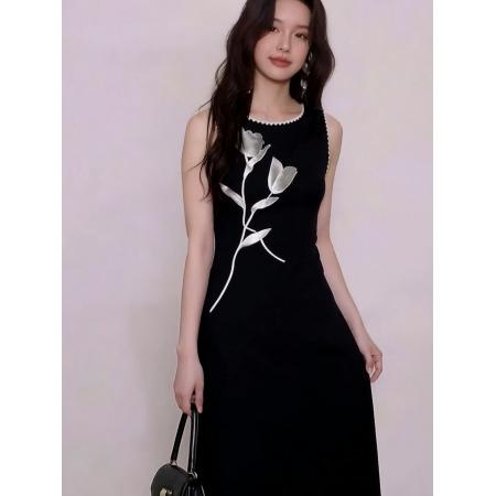 法式黑色印花无袖背心连衣裙子女春夏新款高级感收腰修身长裙  服裝批發女裝批發服飾貨源