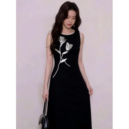法式黑色印花无袖背心连衣裙子女春夏新款高级感收腰修身长裙  服裝批發女裝批發服飾貨源