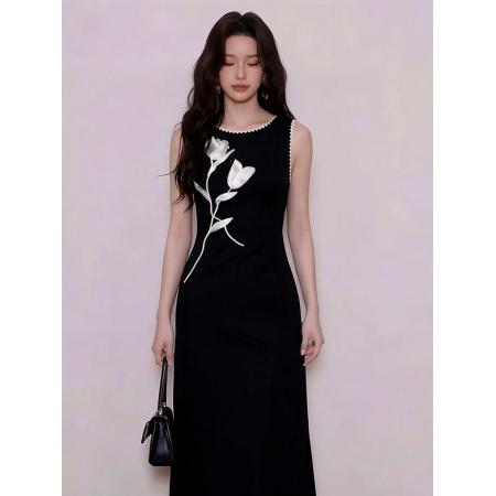 法式黑色印花无袖背心连衣裙子女春夏新款高级感收腰修身长裙  服裝批發女裝批發服飾貨源