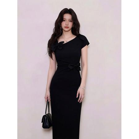 BY11532# 法式黑色立体蝴蝶结掐腰连衣裙子女春夏新款气质修身包臀长裙  服裝批發女裝批發服飾貨源