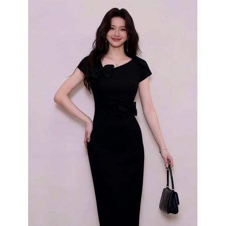 BY11532# 法式黑色立体蝴蝶结掐腰连衣裙子女春夏新款气质修身包臀长裙  服裝批發女裝批發服飾貨源