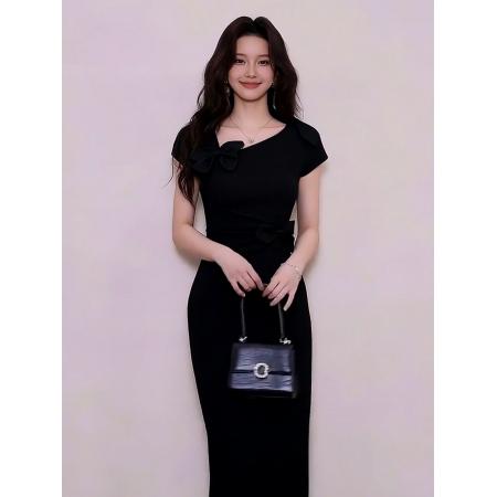 BY11532# 法式黑色立体蝴蝶结掐腰连衣裙子女春夏新款气质修身包臀长裙  服裝批發女裝批發服飾貨源