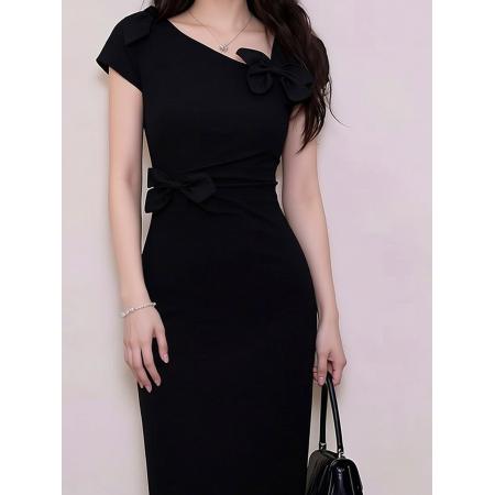 BY11532# 法式黑色立体蝴蝶结掐腰连衣裙子女春夏新款气质修身包臀长裙  服裝批發女裝批發服飾貨源