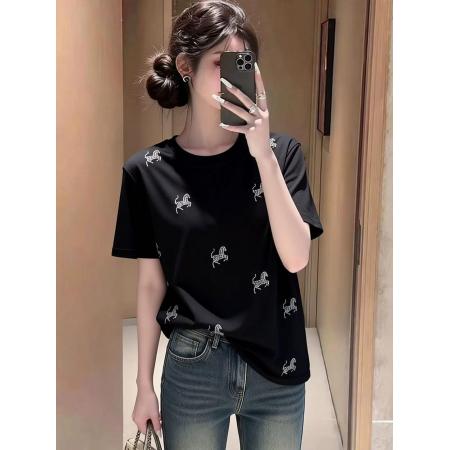 韩系设计感重工烫钻马年图案正肩短袖T恤女新款大码宽松显瘦上衣  服裝批發女裝批發服飾貨源