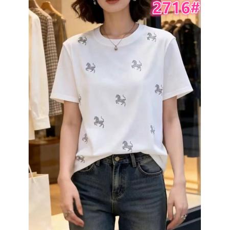韩系设计感重工烫钻马年图案正肩短袖T恤女新款大码宽松显瘦上衣  服裝批發女裝批發服飾貨源