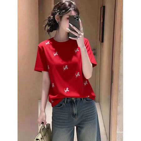 韩系设计感重工烫钻马年图案正肩短袖T恤女新款大码宽松显瘦上衣  服裝批發女裝批發服飾貨源