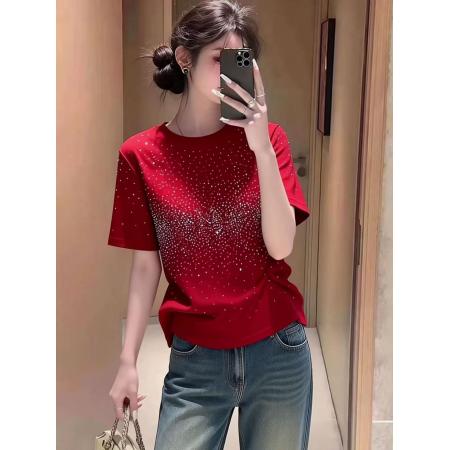 春季新款时尚简约烫钻满天星短袖T恤女宽松显瘦百搭圆领上衣  服裝批發女裝批發服飾貨源