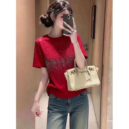 春季新款时尚简约烫钻满天星短袖T恤女宽松显瘦百搭圆领上衣  服裝批發女裝批發服飾貨源
