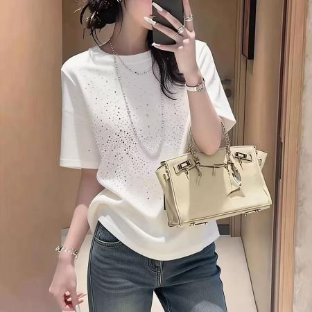 春季新款时尚简约烫钻满天星短袖T恤女宽松显瘦百搭圆领上衣  服裝批發女裝批發服飾貨源