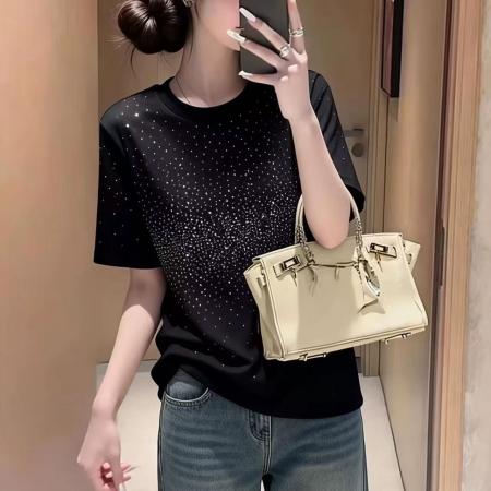春季新款时尚简约烫钻满天星短袖T恤女宽松显瘦百搭圆领上衣  服裝批發女裝批發服飾貨源