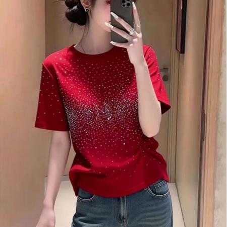 春季新款时尚简约烫钻满天星短袖T恤女宽松显瘦百搭圆领上衣  服裝批發女裝批發服飾貨源