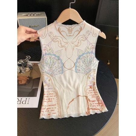 无袖背心T恤女夏美式辣妹印花贝壳海洋主题网纱显瘦打底衫  服裝批發女裝批發服飾貨源