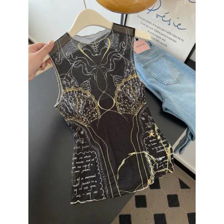 无袖背心T恤女夏美式辣妹印花贝壳海洋主题网纱显瘦打底衫  服裝批發女裝批發服飾貨源