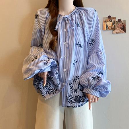 BY11539# 春季大码宽松刺绣设计感娃娃衫衬衣女装韩版长袖小衫上衣  服裝批發女裝批發服飾貨源