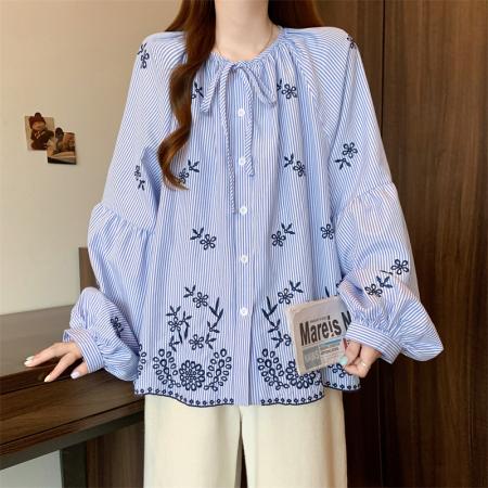 BY11539# 春季大码宽松刺绣设计感娃娃衫衬衣女装韩版长袖小衫上衣  服裝批發女裝批發服飾貨源