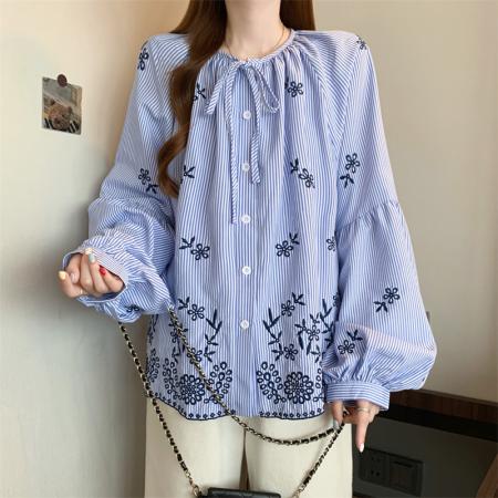 BY11539# 春季大码宽松刺绣设计感娃娃衫衬衣女装韩版长袖小衫上衣  服裝批發女裝批發服飾貨源