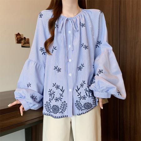 BY11539# 春季大码宽松刺绣设计感娃娃衫衬衣女装韩版长袖小衫上衣  服裝批發女裝批發服飾貨源