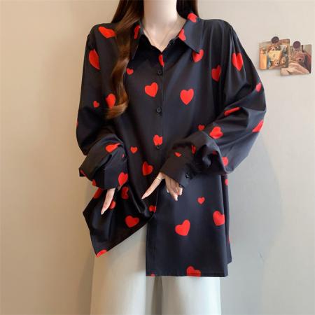 BY11540# 春季新款韩版爱心印花衬衣宽松开衫款上衣小衫女装  服裝批發女裝批發服飾貨源