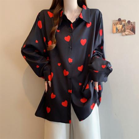 BY11540# 春季新款韩版爱心印花衬衣宽松开衫款上衣小衫女装  服裝批發女裝批發服飾貨源