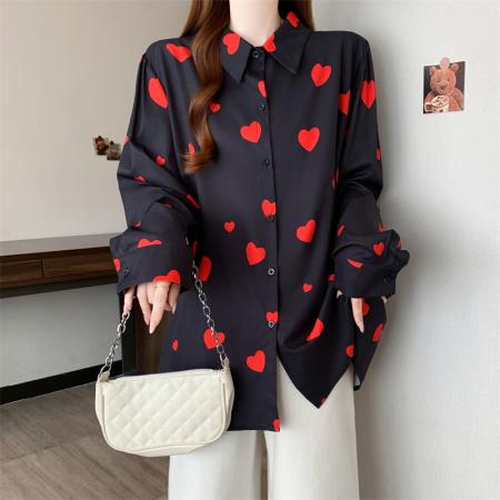 BY11540# 春季新款韩版爱心印花衬衣宽松开衫款上衣小衫女装  服裝批發女裝批發服飾貨源