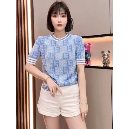 BY11544# 夏季时尚女装减龄蓝色短袖圆领T恤冰丝针织衫温柔气质上衣ins  服裝批發女裝批發服飾貨源