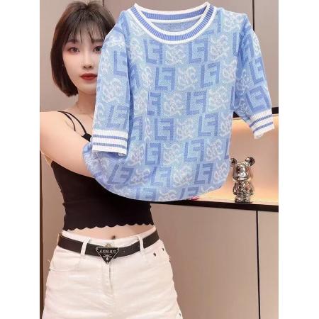BY11544# 夏季时尚女装减龄蓝色短袖圆领T恤冰丝针织衫温柔气质上衣ins  服裝批發女裝批發服飾貨源