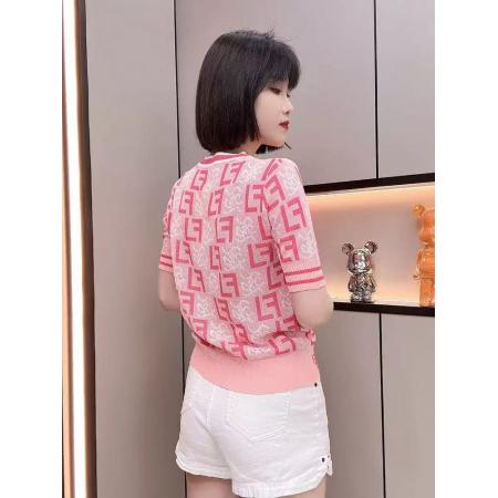 BY11544# 夏季时尚女装减龄蓝色短袖圆领T恤冰丝针织衫温柔气质上衣ins  服裝批發女裝批發服飾貨源