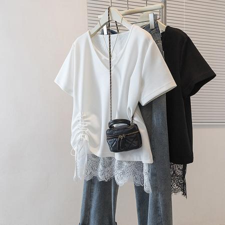 大码女装韩版新款高级潮流单抽绳设计蕾丝拼接通勤宽修身上衣  服裝批發女裝批發服飾貨源