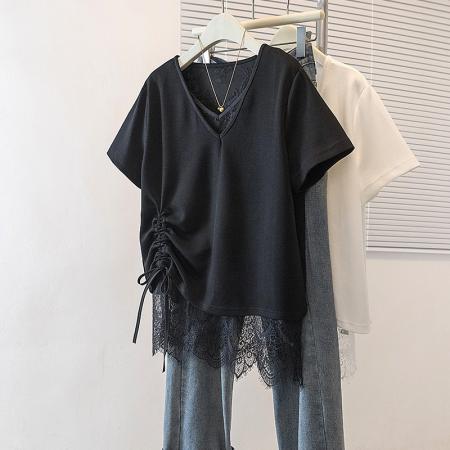 大码女装韩版新款高级潮流单抽绳设计蕾丝拼接通勤宽修身上衣  服裝批發女裝批發服飾貨源