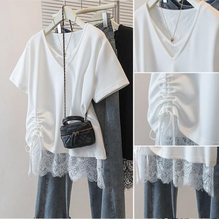 大码女装韩版新款高级潮流单抽绳设计蕾丝拼接通勤宽修身上衣  服裝批發女裝批發服飾貨源