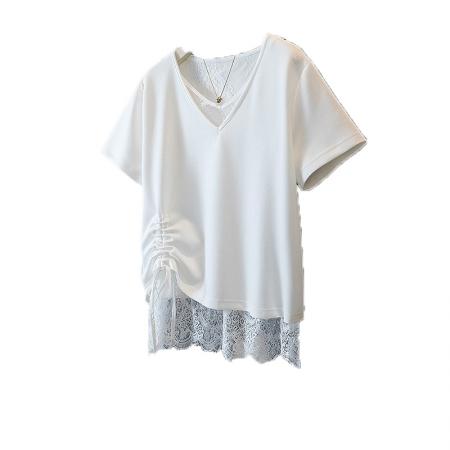 大码女装韩版新款高级潮流单抽绳设计蕾丝拼接通勤宽修身上衣  服裝批發女裝批發服飾貨源