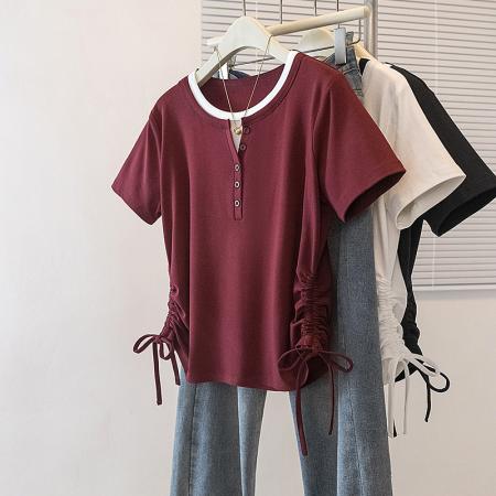 大码女装韩版新高级潮流假两件拼色设计双抽绳显瘦修身上衣  服裝批發女裝批發服飾貨源