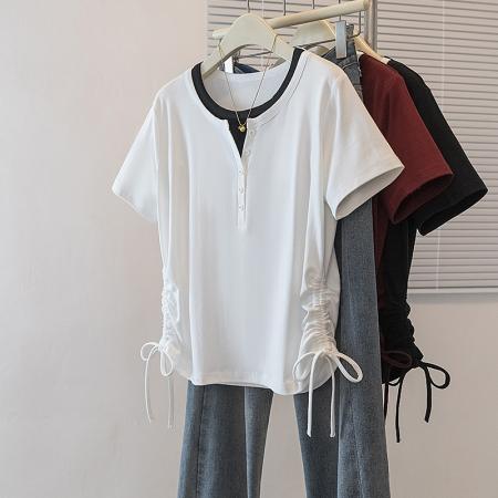 BY11547# 大码女装韩版新高级潮流假两件拼色设计双抽绳显瘦修身上衣  服裝批發女裝批發服飾貨源