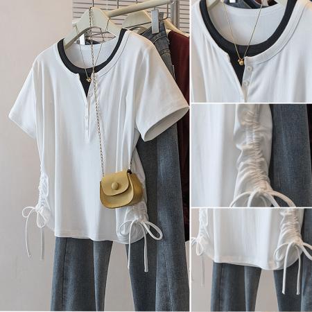 BY11547# 大码女装韩版新高级潮流假两件拼色设计双抽绳显瘦修身上衣  服裝批發女裝批發服飾貨源