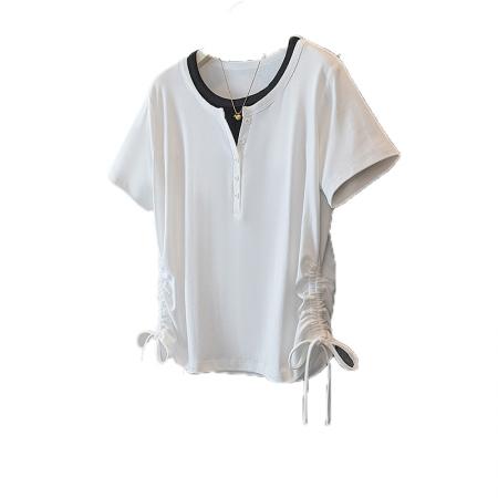 BY11547# 大码女装韩版新高级潮流假两件拼色设计双抽绳显瘦修身上衣  服裝批發女裝批發服飾貨源