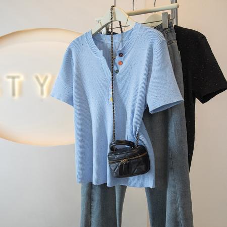 大码女装韩版新韩版高级潮流彩虹斜扣设计显瘦修身上衣  服裝批發女裝批發服飾貨源