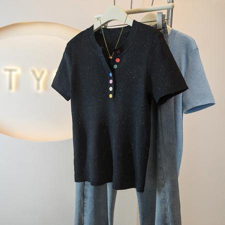 大码女装韩版新韩版高级潮流彩虹斜扣设计显瘦修身上衣  服裝批發女裝批發服飾貨源