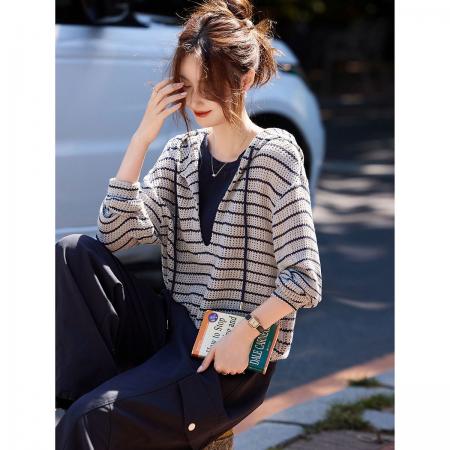 BY11551# 时尚条纹撞色假两件连帽卫衣春季新款针织衫镂空上衣女  服裝批發女裝批發服飾貨源