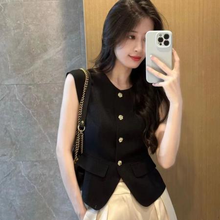 BY11552# 黑色小香风马甲背心女春夏季外穿薄款高端洋气小马夹无袖上衣  服裝批發女裝批發服飾貨源