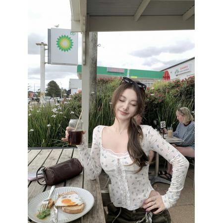 BY11553# 板栗可可Bankelili'春日开场白'蕾丝十字分割打底衫修身长袖上衣  服裝批發女裝批發服飾貨源