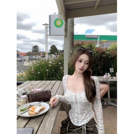 BY11553# 板栗可可Bankelili'春日开场白'蕾丝十字分割打底衫修身长袖上衣  服裝批發女裝批發服飾貨源