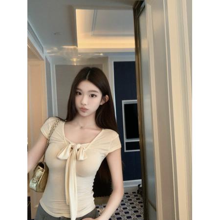 BY11554# unoone心波微澜纯欲U领正肩收腰T恤女蝴蝶结修身显瘦短袖上衣春  服裝批發女裝批發服飾貨源