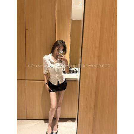 辣妹天菜针织短袖弹力工装衬衫女白色polo领百搭上衣  服裝批發女裝批發服飾貨源